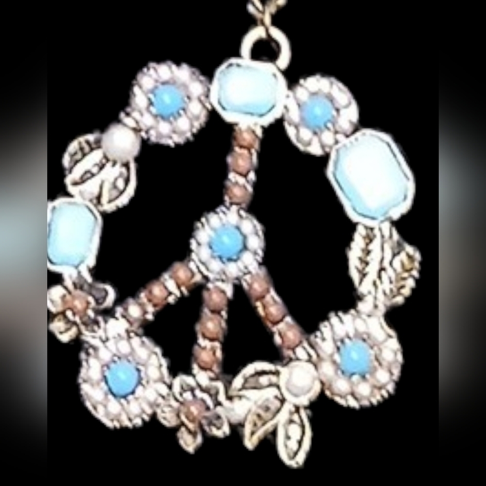 Necklace - Vintage Peace Sign Necklace W/ Multi Colored Beads Floral Pattern,... - Picture 5 of 7